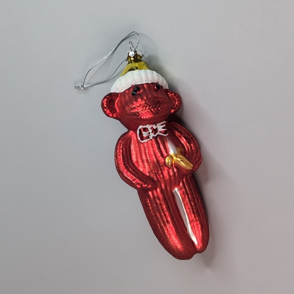 Red sock monkey glass holidays ornament - Picture 3 of 10